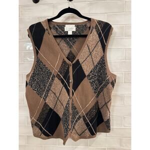 CJ Banks 1X Argyle Sweater Vest Brown Black Button Front Plus Size
